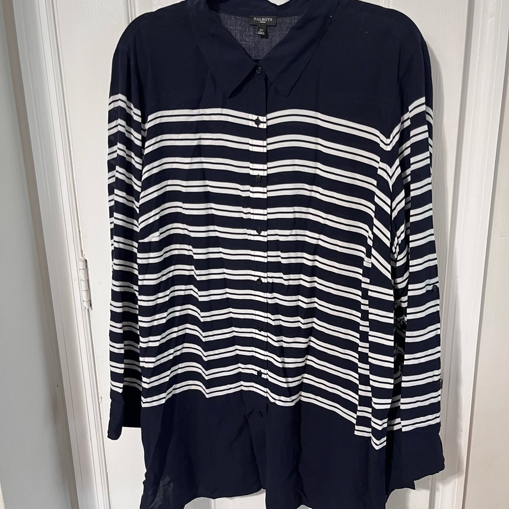 TalbotsWoman 3x Navy and White Striped Button-Up Shirt lightweight coastal